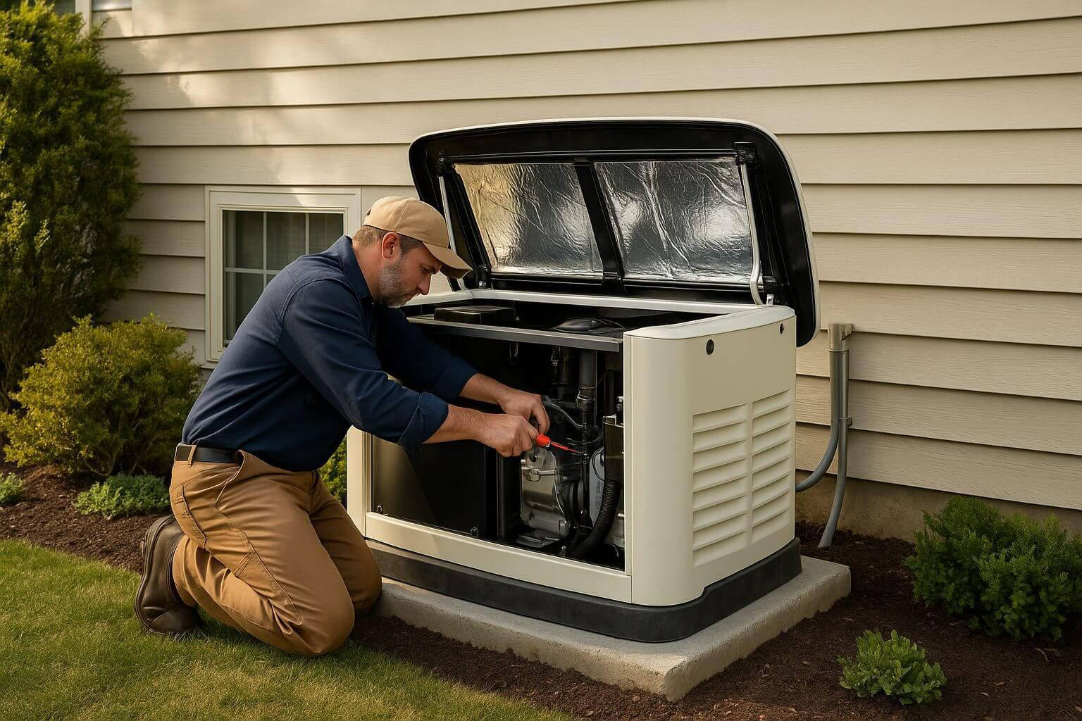 A service technician kneeling next to an open standby generator enclosure, performing a maintenance check on the internal engine components.