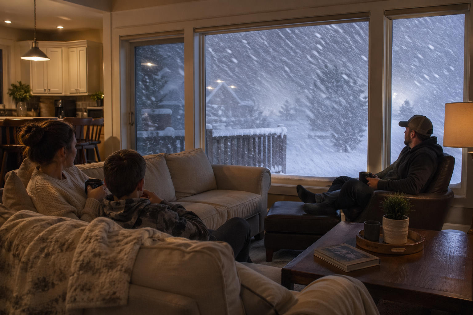 A family sitting comfortably on a sofa inside a well-lit warm home, looking out a large window at a heavy blizzard at night.