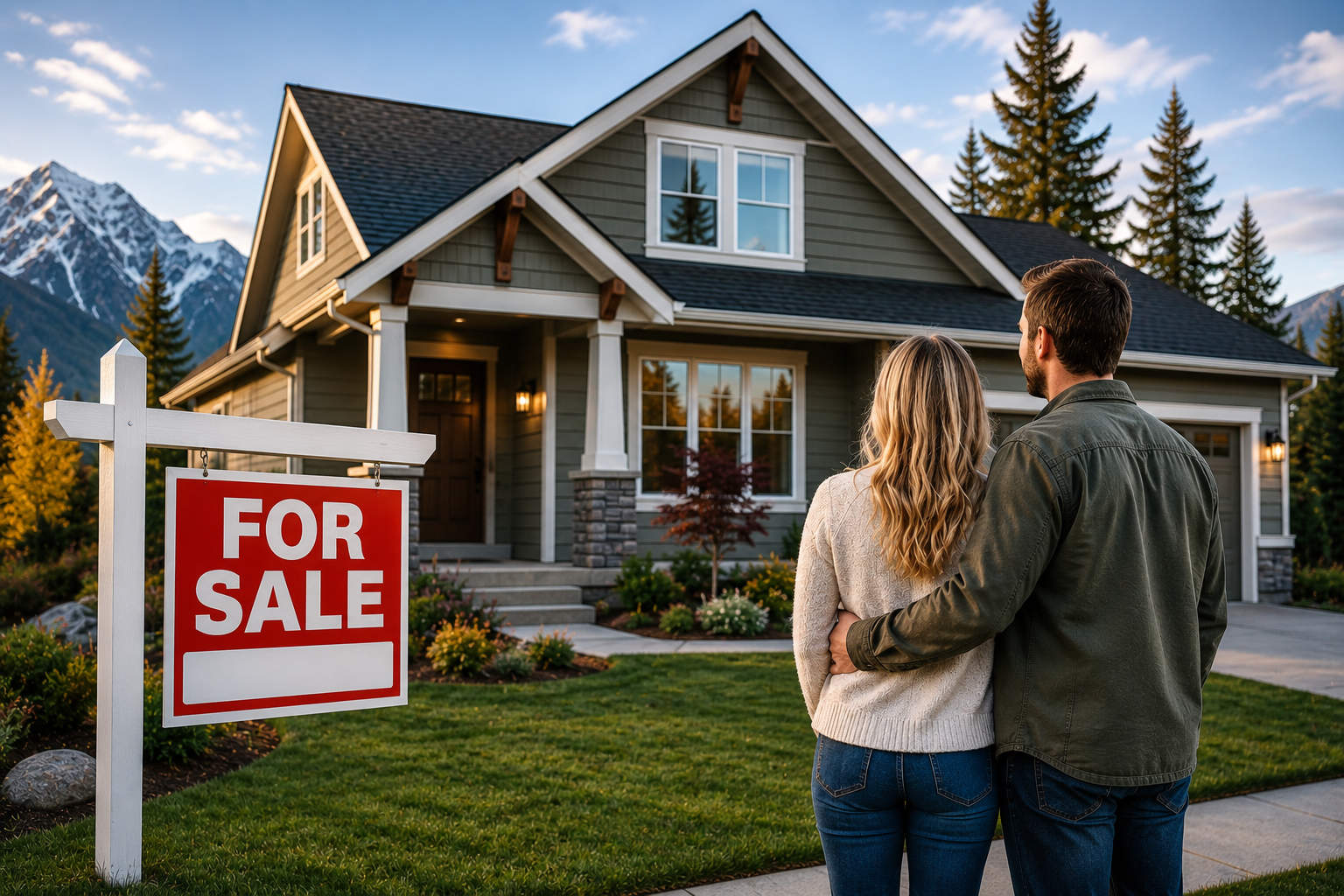 electrical-upgrades-for-home-value-alaska A happy couple looking at a beautiful green home for sale in Alaska with a red "For Sale" sign in the front yard and snowy mountains in the background.