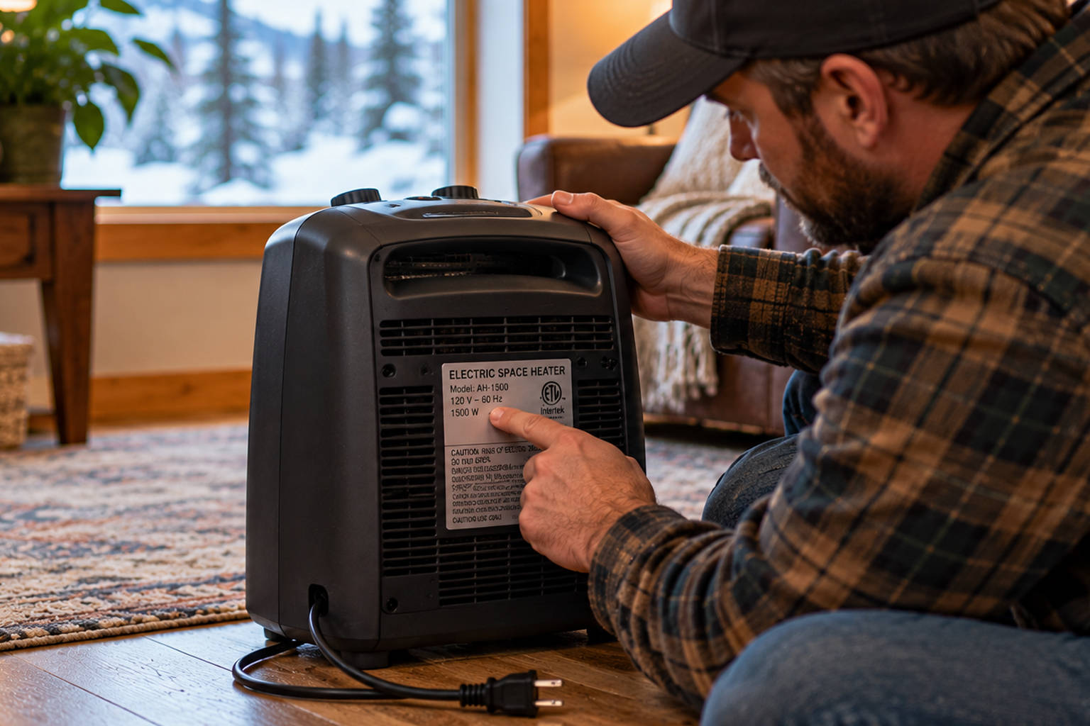 Man pointing to the electrical power rating label showing 1500W and 120V on the back of a portable space heater.