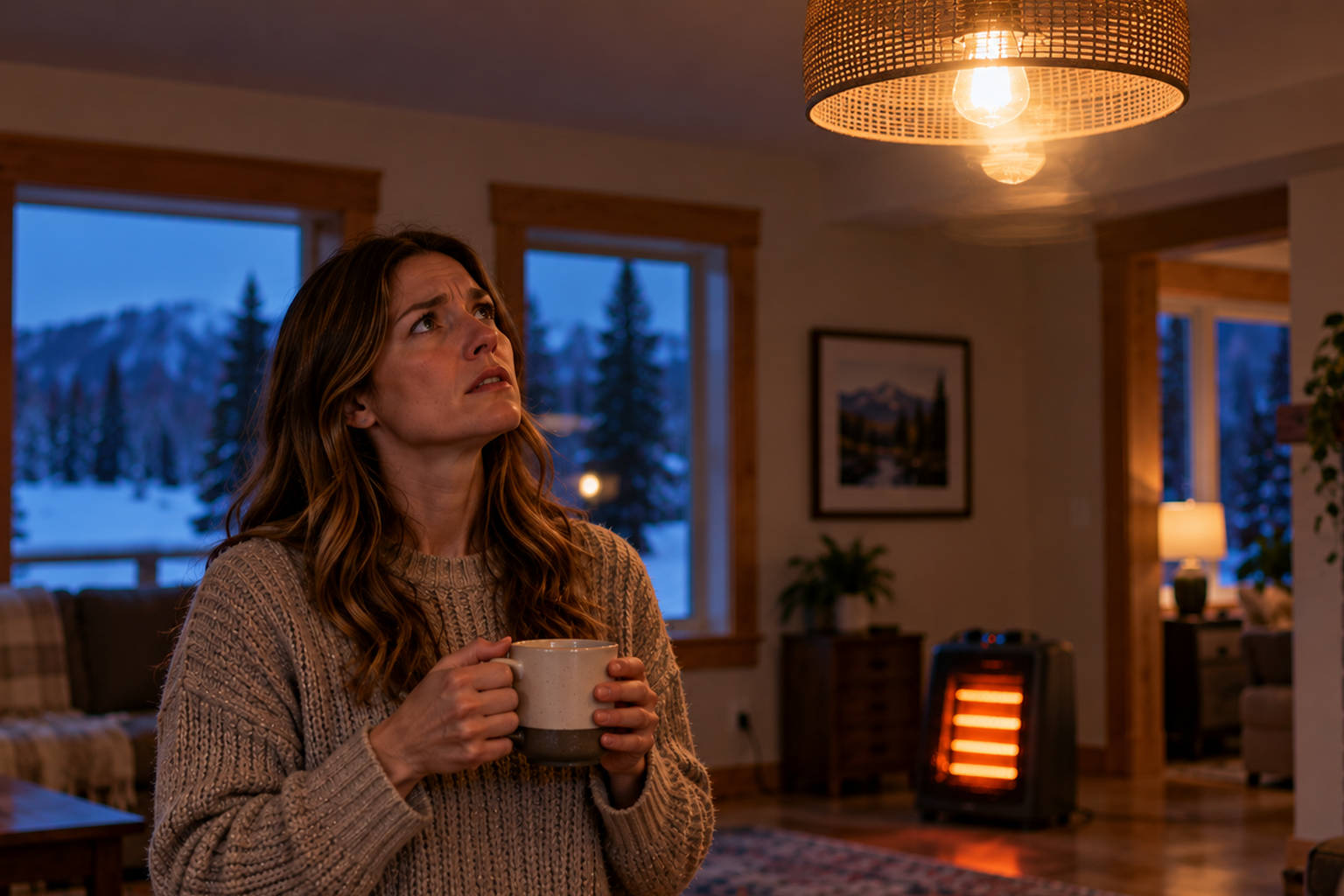 Concerned woman holding a warm cup of coffee looking up at a dimly lit ceiling light with a space heater running in the background.