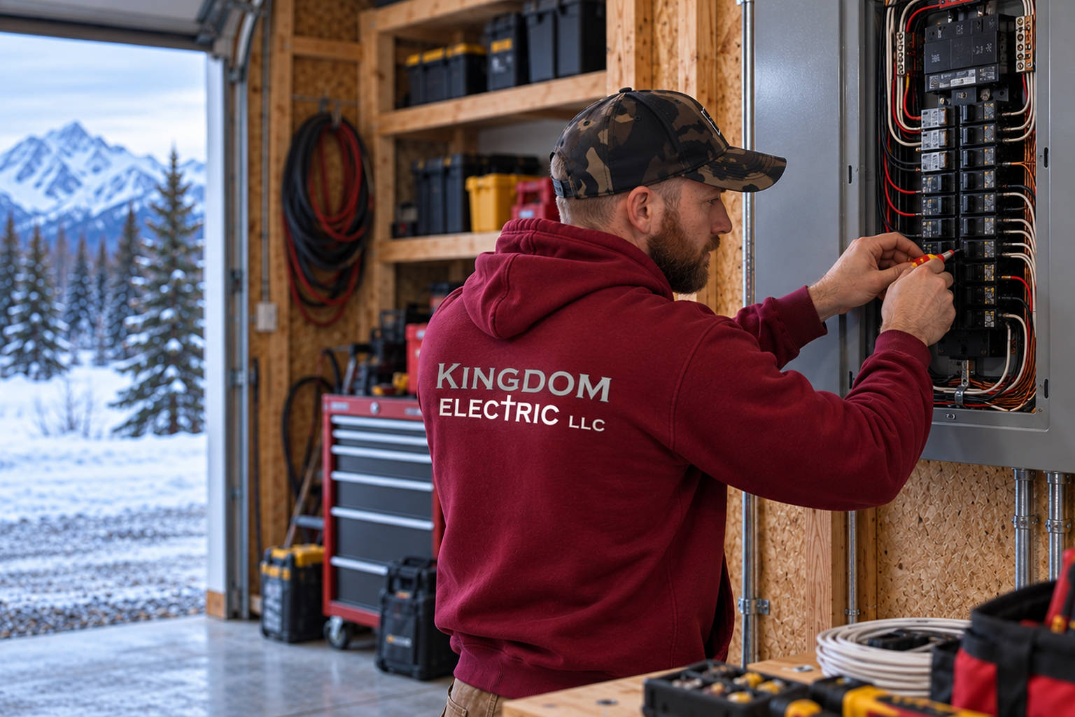 Licensed electrician wearing a Kingdom Electric hoodie servicing a home electrical circuit panel during winter on the Kenai Peninsula.