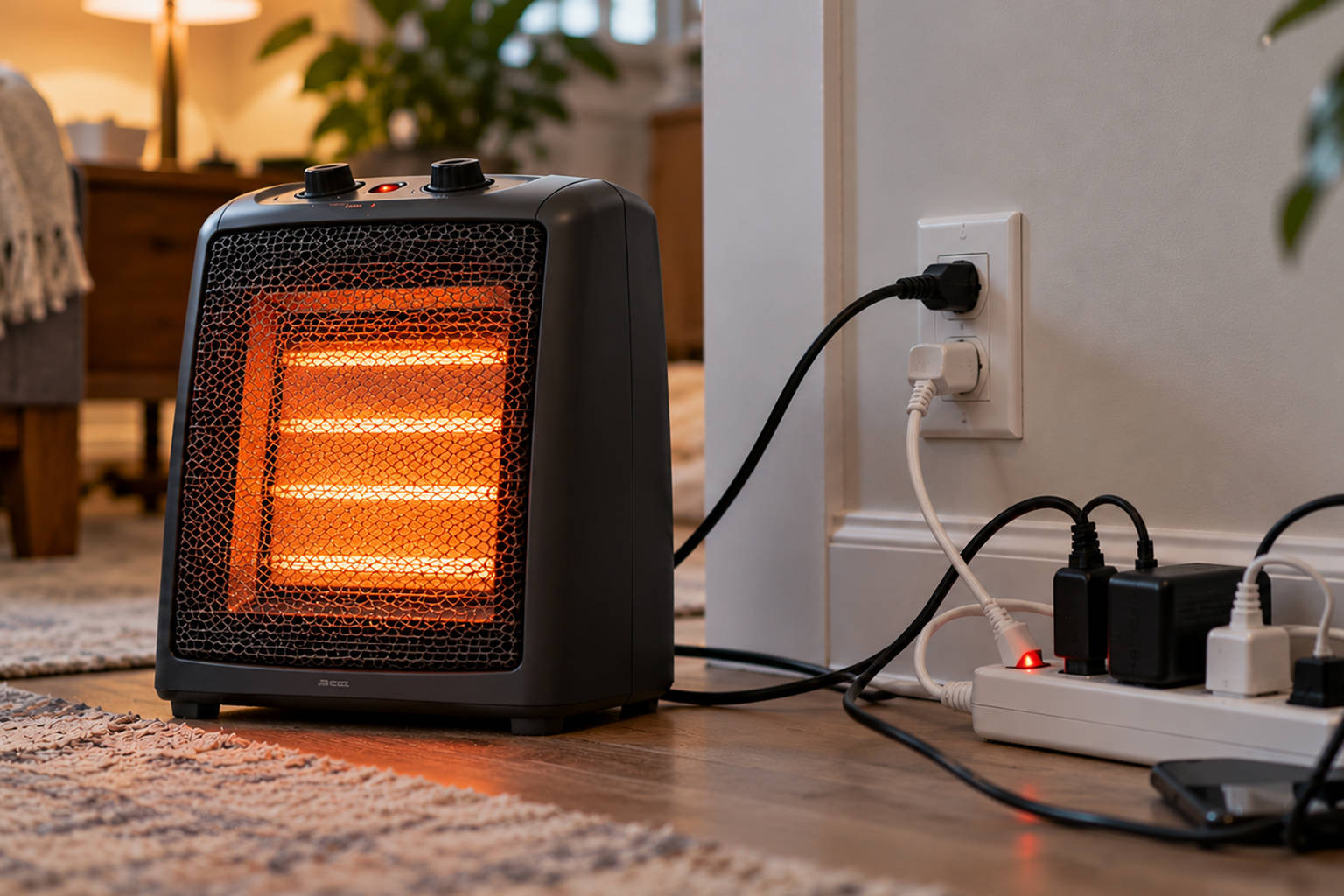Electric space heater plugged into a wall outlet along with a power strip crammed with multiple electronic devices.