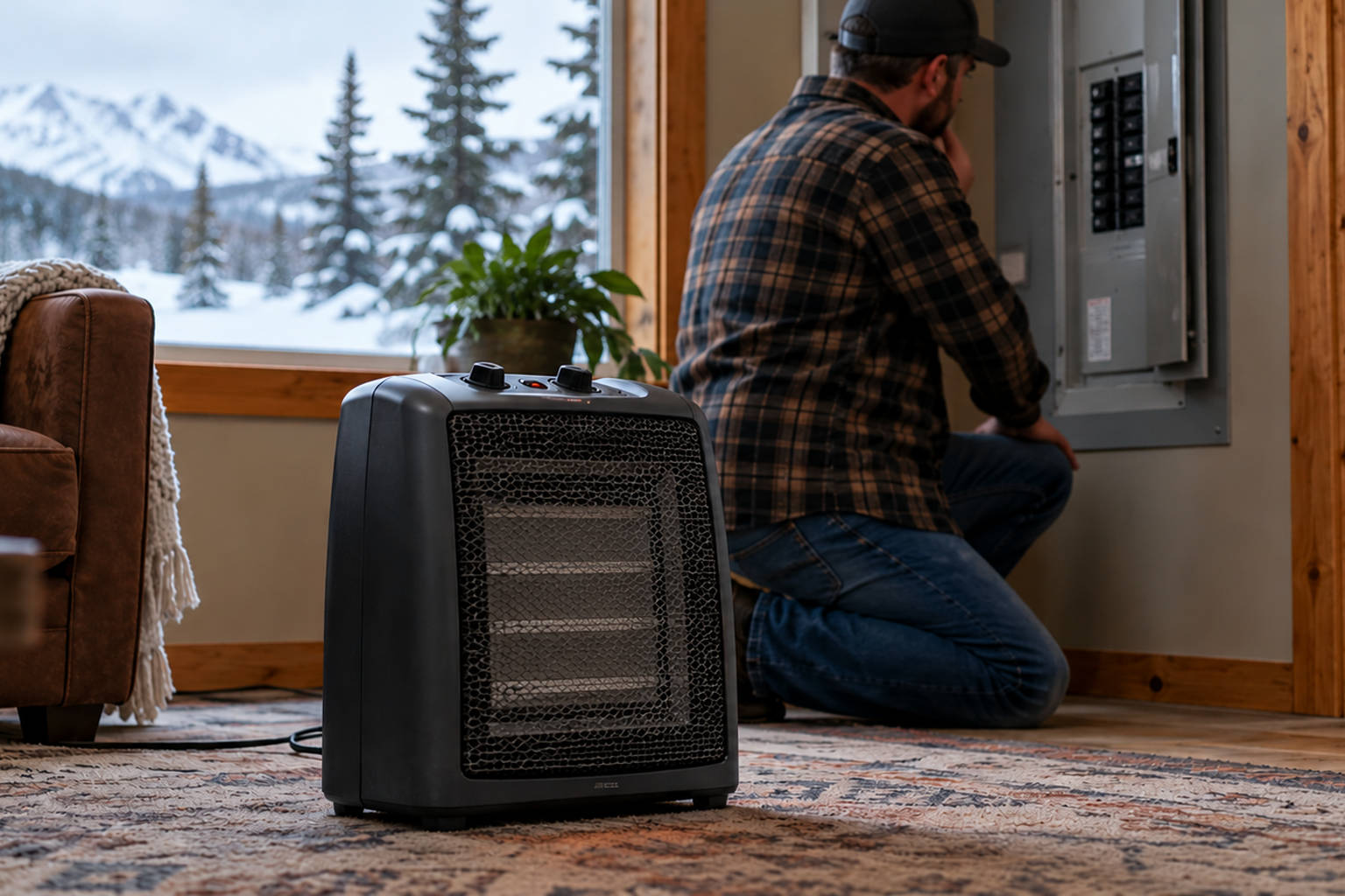 Portable space heater running on a rug in a snowy Alaskan home while a homeowner checks the electrical circuit breaker panel.